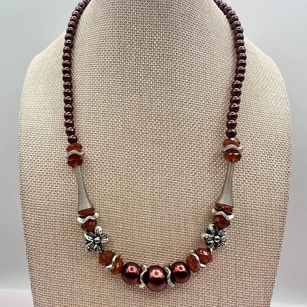 Vintage 90s Silver Tone Faux Pearl Beaded Necklace Boho Women's Classic Jewelry